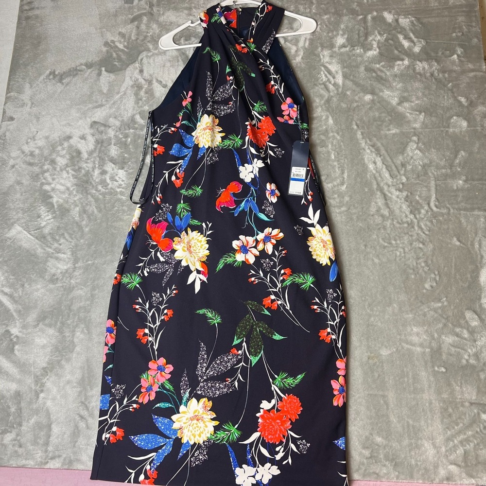 Rachel Roy Evening Sheath Dress Womens XL Navy Combo Floral Halter Neck Back Zip